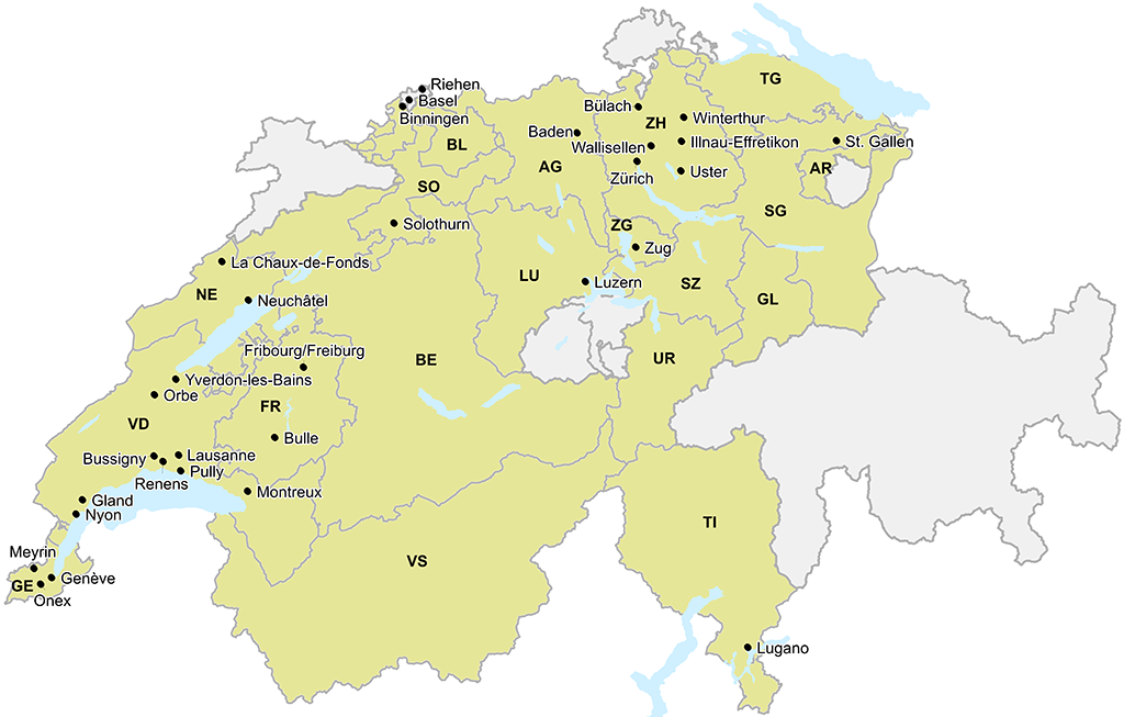 Karte Cercle Indicateurs: Beteiligte Kantone und Städte