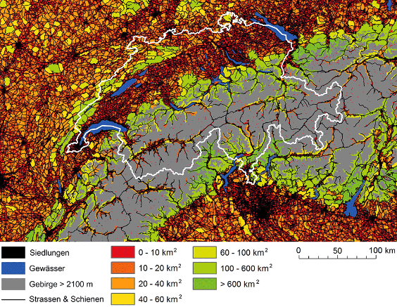 Zerschneidungsgrad der Landschaft in der Schweiz (2009)